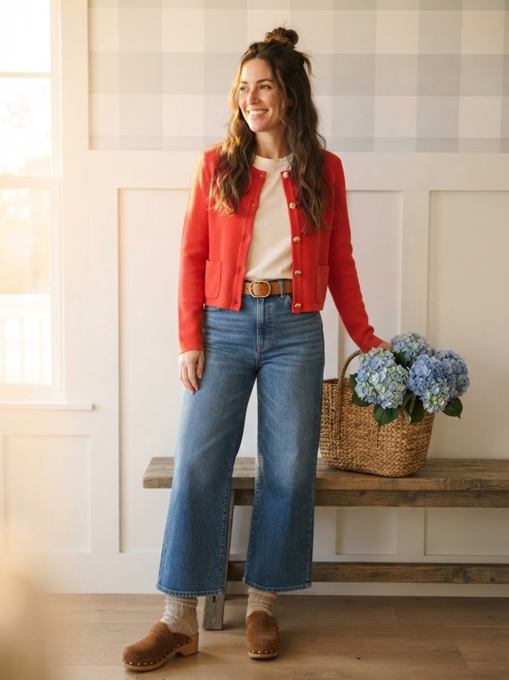 J. Crew Red Cropped Cardigan with Gold Buttons Small